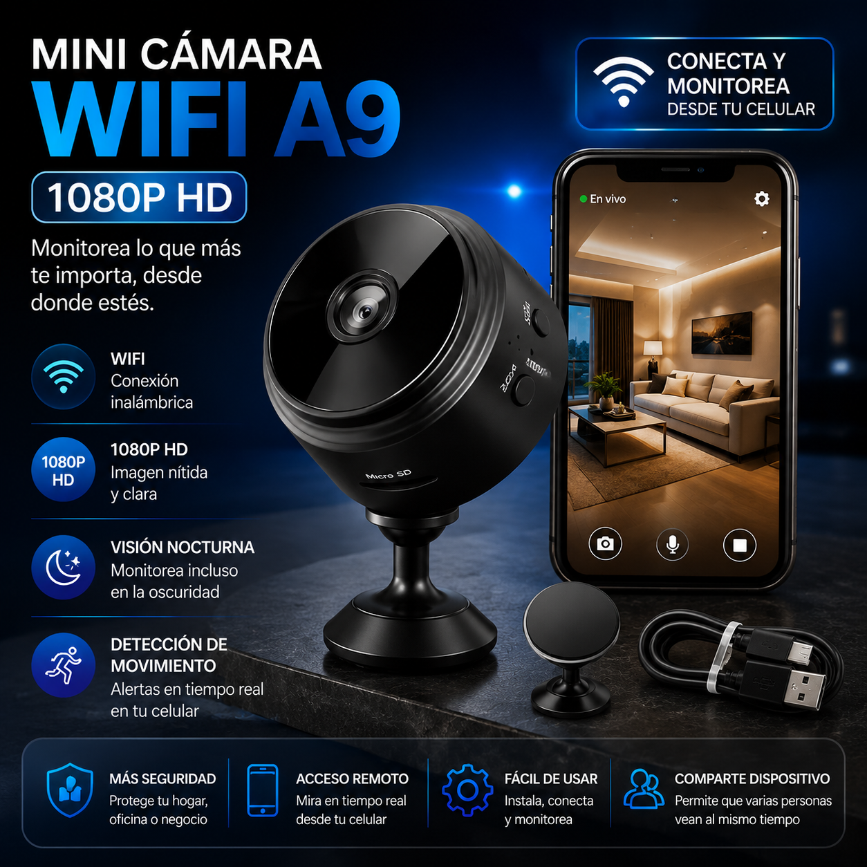 Mini Cámara WiFi A9 1080P | Monitoreo Inteligente Desde Tu Celular