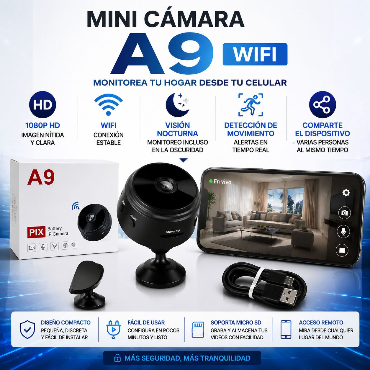 Mini Cámara WiFi A9 1080P | Monitoreo Inteligente Desde Tu Celular