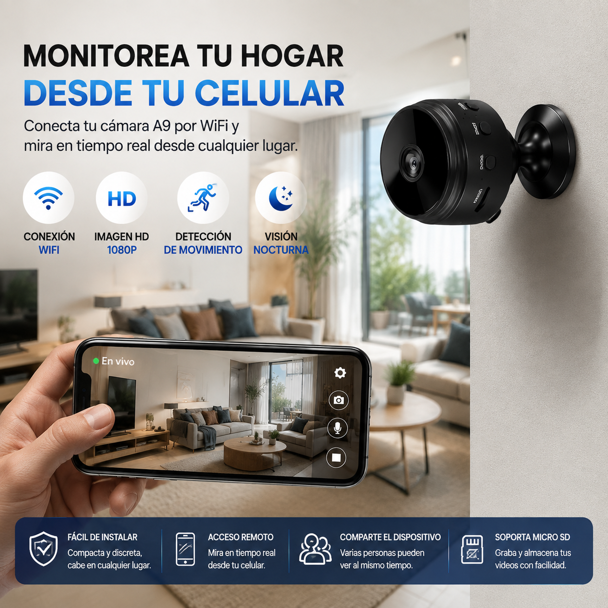 Mini Cámara WiFi A9 1080P | Monitoreo Inteligente Desde Tu Celular