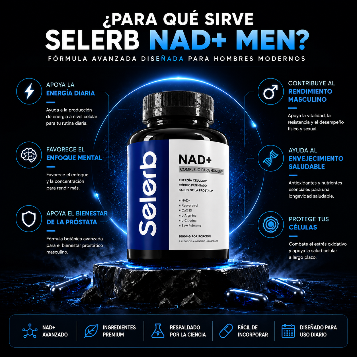 SELERB NAD+ Apoya tu energía celular, enfoque mental y vitalidad diaria.